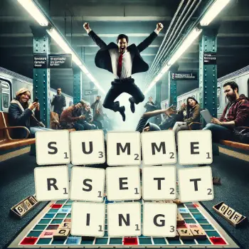 Creative illustration for a Scrabble game with the word SUMMERSETTING spelled out in tiles on the board.