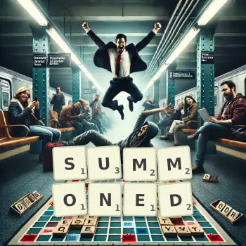 Creative illustration for a Scrabble game with the word SUMMONED spelled out in tiles on the board.