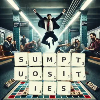 Creative illustration for a Scrabble game with the word SUMPTUOSITIES spelled out in tiles on the board.