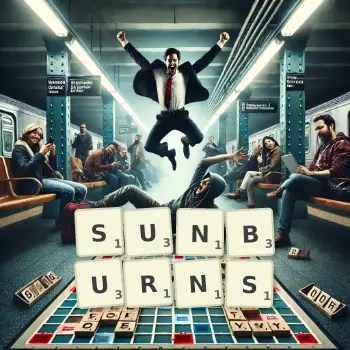 Creative illustration for a Scrabble game with the word SUNBURNS spelled out in tiles on the board.