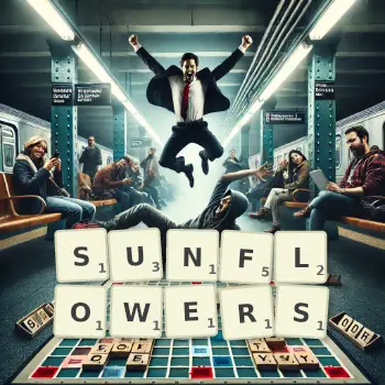 Creative illustration for a Scrabble game with the word SUNFLOWERS spelled out in tiles on the board.