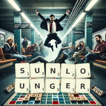 Creative illustration for a Scrabble game with the word SUNLOUNGER spelled out in tiles on the board.