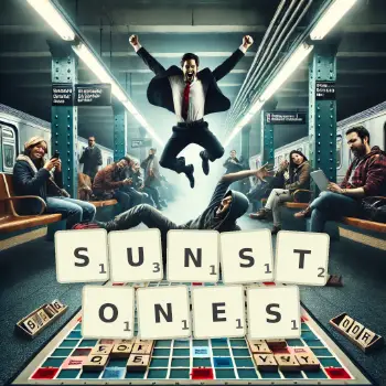 Creative illustration for a Scrabble game with the word SUNSTONES spelled out in tiles on the board.