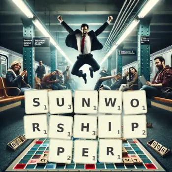 Creative illustration for a Scrabble game with the word SUNWORSHIPPER spelled out in tiles on the board.
