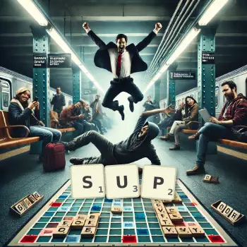Creative illustration for a Scrabble game with the word SUP spelled out in tiles on the board.