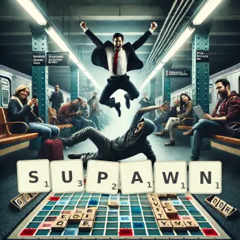 Creative illustration for a Scrabble game with the word SUPAWN spelled out in tiles on the board.