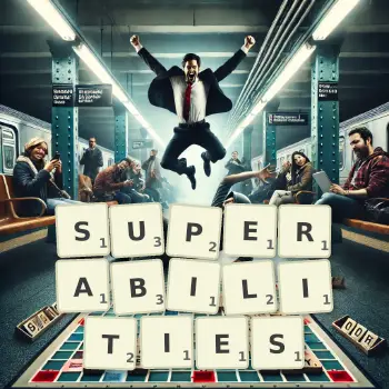 Creative illustration for a Scrabble game with the word SUPERABILITIES spelled out in tiles on the board.