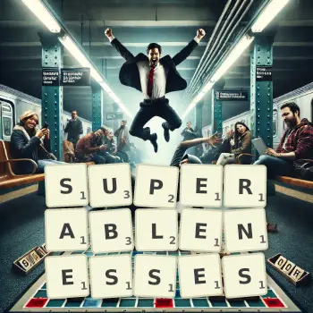 Creative illustration for a Scrabble game with the word SUPERABLENESSES spelled out in tiles on the board.