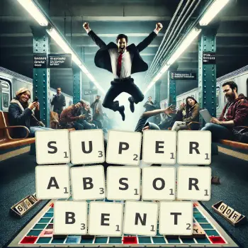 Creative illustration for a Scrabble game with the word SUPERABSORBENT spelled out in tiles on the board.
