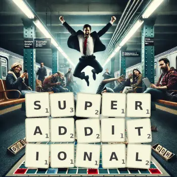 Creative illustration for a Scrabble game with the word SUPERADDITIONAL spelled out in tiles on the board.
