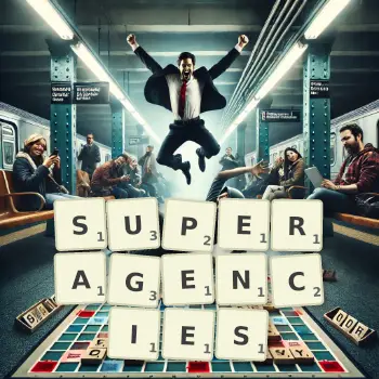 Creative illustration for a Scrabble game with the word SUPERAGENCIES spelled out in tiles on the board.