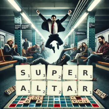 Creative illustration for a Scrabble game with the word SUPERALTAR spelled out in tiles on the board.