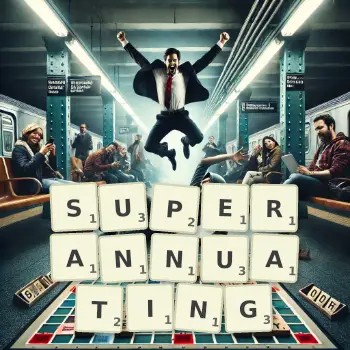 Creative illustration for a Scrabble game with the word SUPERANNUATING spelled out in tiles on the board.