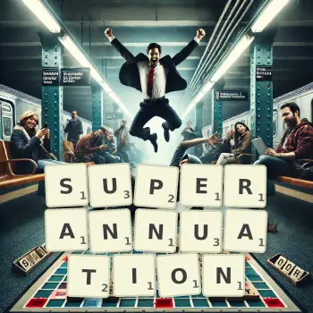 Creative illustration for a Scrabble game with the word SUPERANNUATION spelled out in tiles on the board.