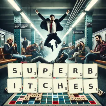 Creative illustration for a Scrabble game with the word SUPERBITCHES spelled out in tiles on the board.