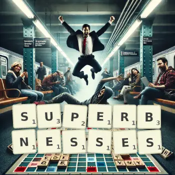 Creative illustration for a Scrabble game with the word SUPERBNESSES spelled out in tiles on the board.