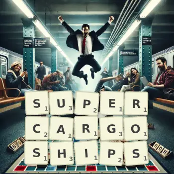 Creative illustration for a Scrabble game with the word SUPERCARGOSHIPS spelled out in tiles on the board.