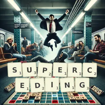 Creative illustration for a Scrabble game with the word SUPERCEDING spelled out in tiles on the board.