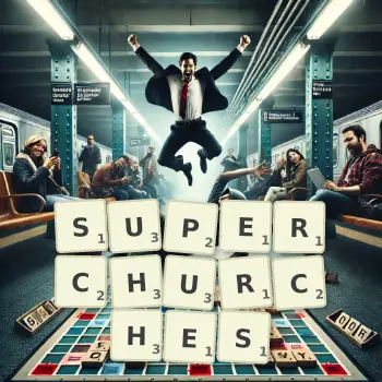 Creative illustration for a Scrabble game with the word SUPERCHURCHES spelled out in tiles on the board.