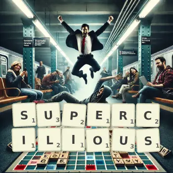 Creative illustration for a Scrabble game with the word SUPERCILIOUS spelled out in tiles on the board.