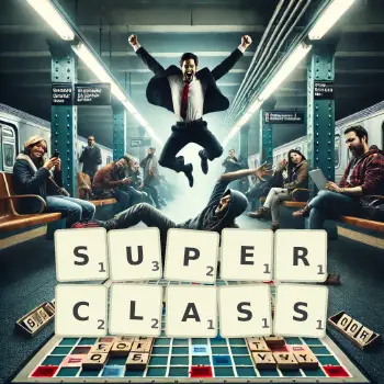 Creative illustration for a Scrabble game with the word SUPERCLASS spelled out in tiles on the board.