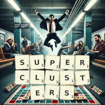 Creative illustration for a Scrabble game with the word SUPERCLUSTERS spelled out in tiles on the board.