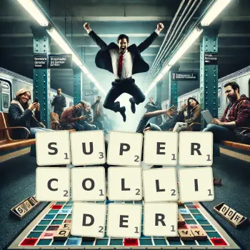 Creative illustration for a Scrabble game with the word SUPERCOLLIDER spelled out in tiles on the board.