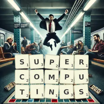 Creative illustration for a Scrabble game with the word SUPERCOMPUTINGS spelled out in tiles on the board.