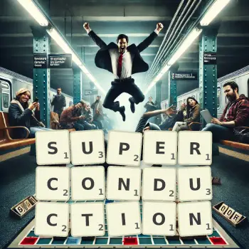 Creative illustration for a Scrabble game with the word SUPERCONDUCTION spelled out in tiles on the board.