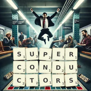 Creative illustration for a Scrabble game with the word SUPERCONDUCTORS spelled out in tiles on the board.