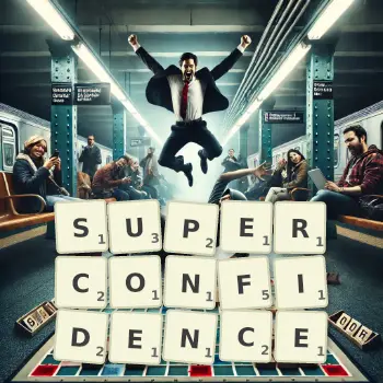 Creative illustration for a Scrabble game with the word SUPERCONFIDENCE spelled out in tiles on the board.