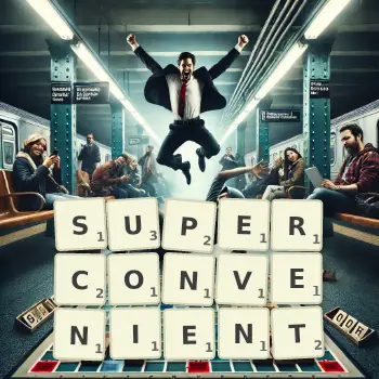 Creative illustration for a Scrabble game with the word SUPERCONVENIENT spelled out in tiles on the board.