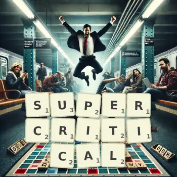Creative illustration for a Scrabble game with the word SUPERCRITICAL spelled out in tiles on the board.