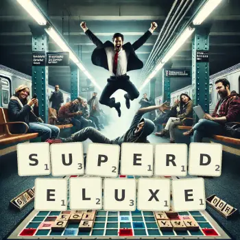 Creative illustration for a Scrabble game with the word SUPERDELUXE spelled out in tiles on the board.