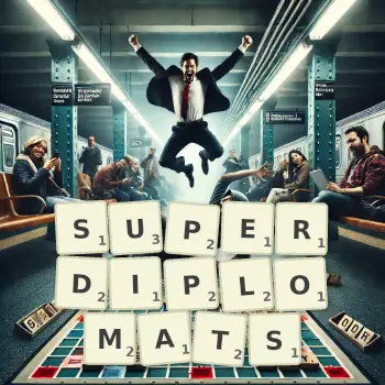 Creative illustration for a Scrabble game with the word SUPERDIPLOMATS spelled out in tiles on the board.
