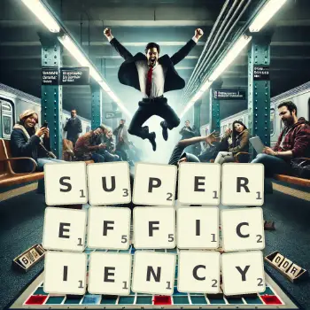 Creative illustration for a Scrabble game with the word SUPEREFFICIENCY spelled out in tiles on the board.