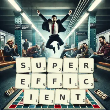 Creative illustration for a Scrabble game with the word SUPEREFFICIENT spelled out in tiles on the board.