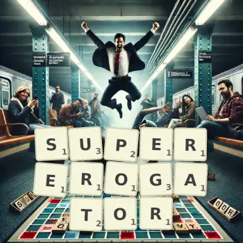 Creative illustration for a Scrabble game with the word SUPEREROGATOR spelled out in tiles on the board.