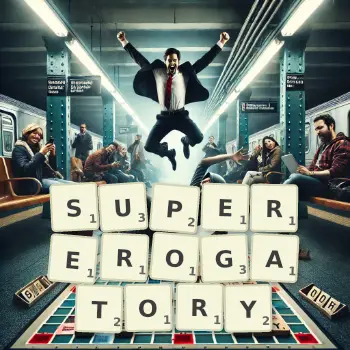 Creative illustration for a Scrabble game with the word SUPEREROGATORY spelled out in tiles on the board.