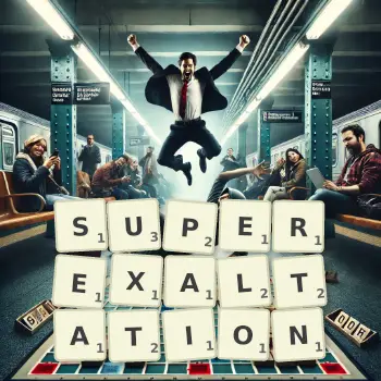 Creative illustration for a Scrabble game with the word SUPEREXALTATION spelled out in tiles on the board.