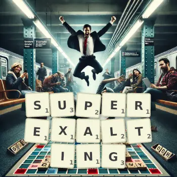 Creative illustration for a Scrabble game with the word SUPEREXALTING spelled out in tiles on the board.