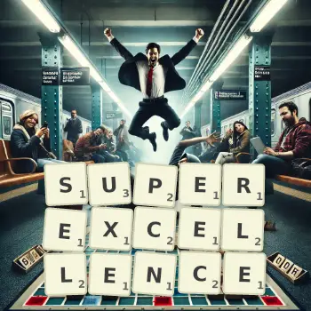 Creative illustration for a Scrabble game with the word SUPEREXCELLENCE spelled out in tiles on the board.
