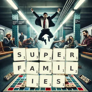 Creative illustration for a Scrabble game with the word SUPERFAMILIES spelled out in tiles on the board.