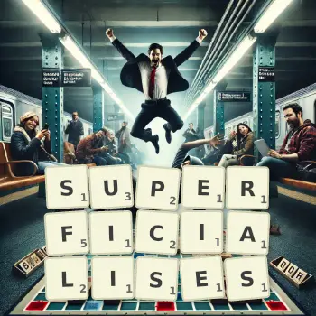 Creative illustration for a Scrabble game with the word SUPERFICIALISES spelled out in tiles on the board.