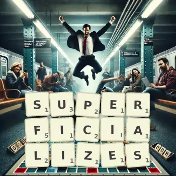 Creative illustration for a Scrabble game with the word SUPERFICIALIZES spelled out in tiles on the board.