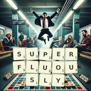 Creative illustration for a Scrabble game with the word SUPERFLUOUSLY spelled out in tiles on the board.