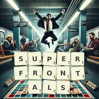 Creative illustration for a Scrabble game with the word SUPERFRONTALS spelled out in tiles on the board.