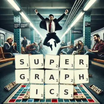 Creative illustration for a Scrabble game with the word SUPERGRAPHICS spelled out in tiles on the board.