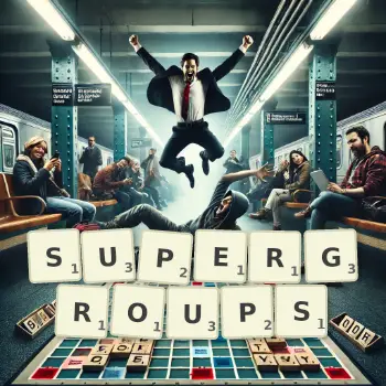 Creative illustration for a Scrabble game with the word SUPERGROUPS spelled out in tiles on the board.
