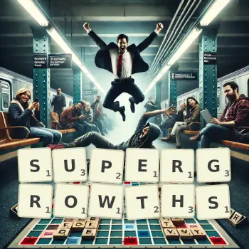 Creative illustration for a Scrabble game with the word SUPERGROWTHS spelled out in tiles on the board.